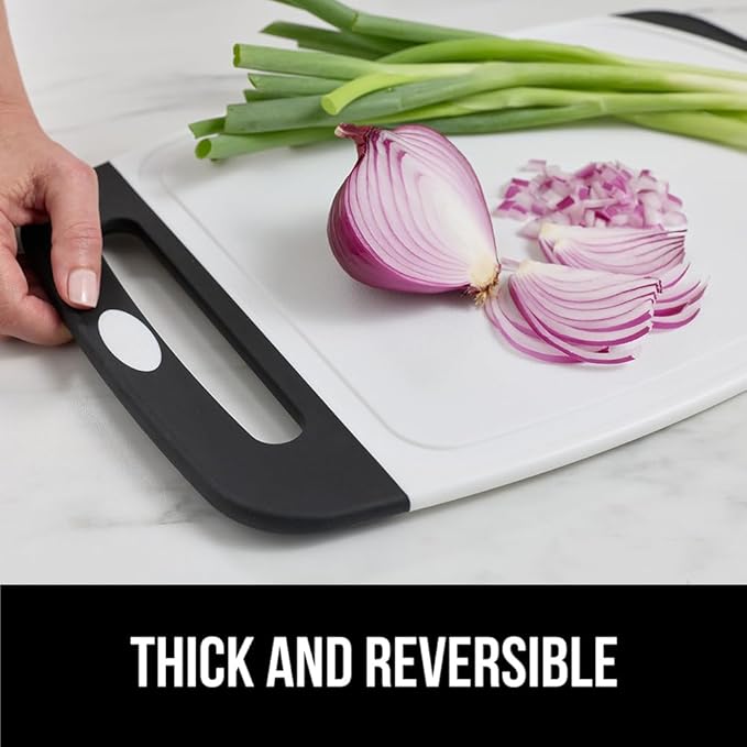 GORILLA GRIP BPA-Free Reversible Kitchen Cutting Board Set of 3, US Designed, Nonporous, Juice Grooves Catch Liquid, Slip Resistant Border, Dishwasher Safe Large Food Chopping Boards, Black Aqua Gray