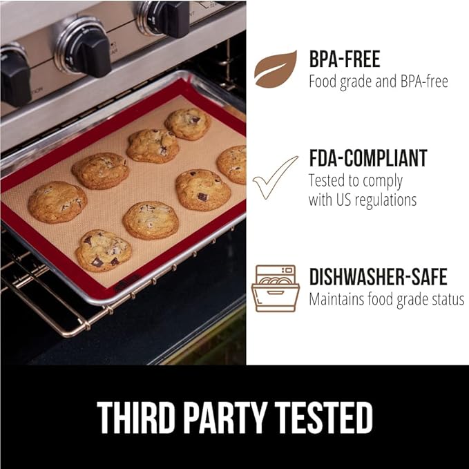GORILLA GRIP Reusable Nonstick Silicone Baking Mat, 2-Pack, BPA-Free Oven Safe Food Liner for Toaster Ovens, Mini Cookie Sheets, Easy Clean, Holiday Baking Essentials, 11.75x8.25, Quarter Sheet, Red