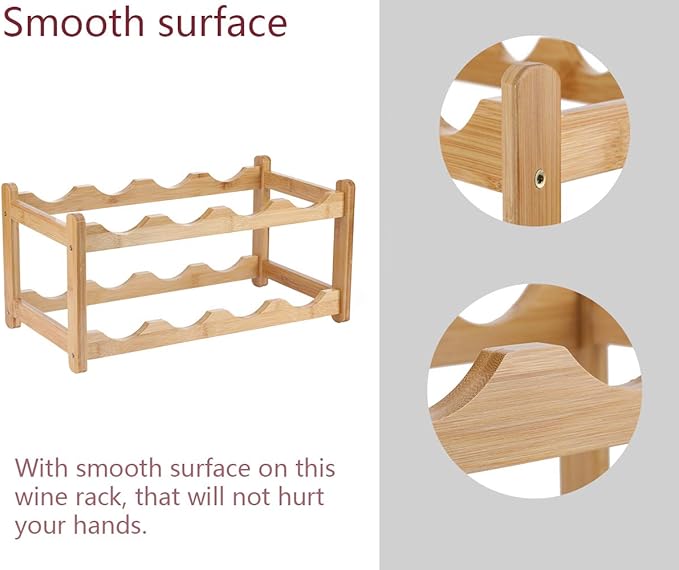 Wine Rack 8 Bottle 2-Tier Eco-Friendly Bamboo Wine Storage Easy-Assembly Space-Saving for Wine Lovers,Kitchen Wine Organizer for Countertop,Pantry, Home,Room Decor,Bar