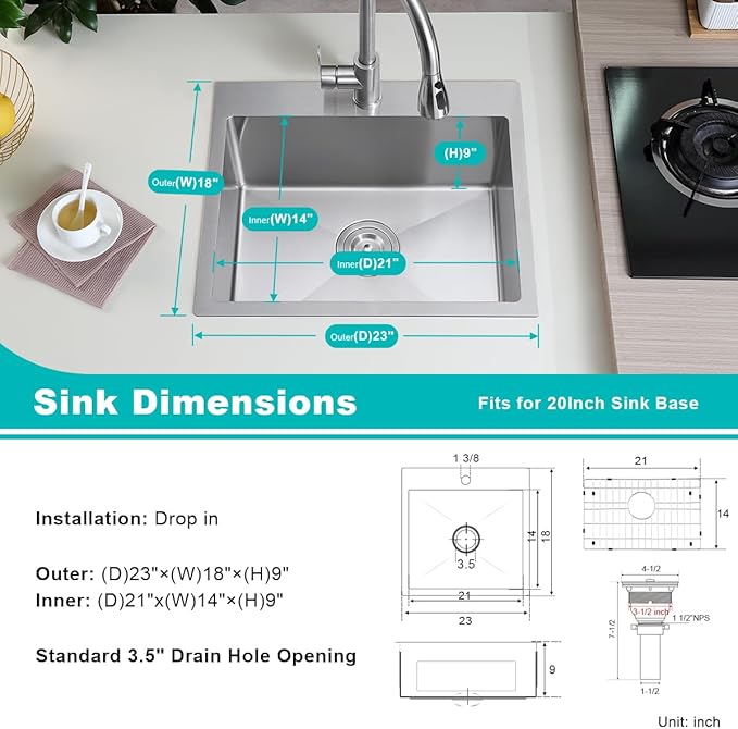 23 x 18 inch Single Faucet Hole Kitchen Sink Drop in, 18 Gauge Stainless Steel Handmade Single Bowl Topmount Kitchen Sink with Grid, Brushed