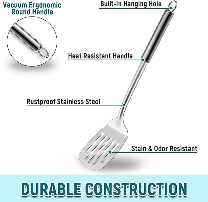 Pleafind 2-Pcs Solid & Slotted Spatula Set, 304 Stainless Steel Spatula, Metal Spatulas, Wok Utensils, Cooking Utensils, Wok Spatulas for Home, Kitchen and Restaurant, Dishwasher Safe