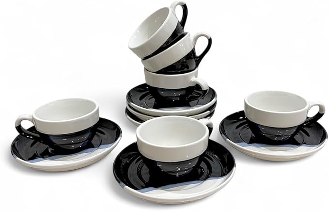 2 Ounce Espresso Cups with Saucers, Mini Ceramic Espresso Cups Set of 6, Espresso Cup Set, Coffee Mug Set for Latte, Macchiato, Demitasse Cups Set for Cafe, Microwave & Dishwasher Safe (Black)