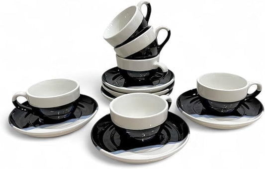 2 Ounce Espresso Cups with Saucers, Mini Ceramic Espresso Cups Set of 6, Espresso Cup Set, Coffee Mug Set for Latte, Macchiato, Demitasse Cups Set for Cafe, Microwave & Dishwasher Safe (Black)