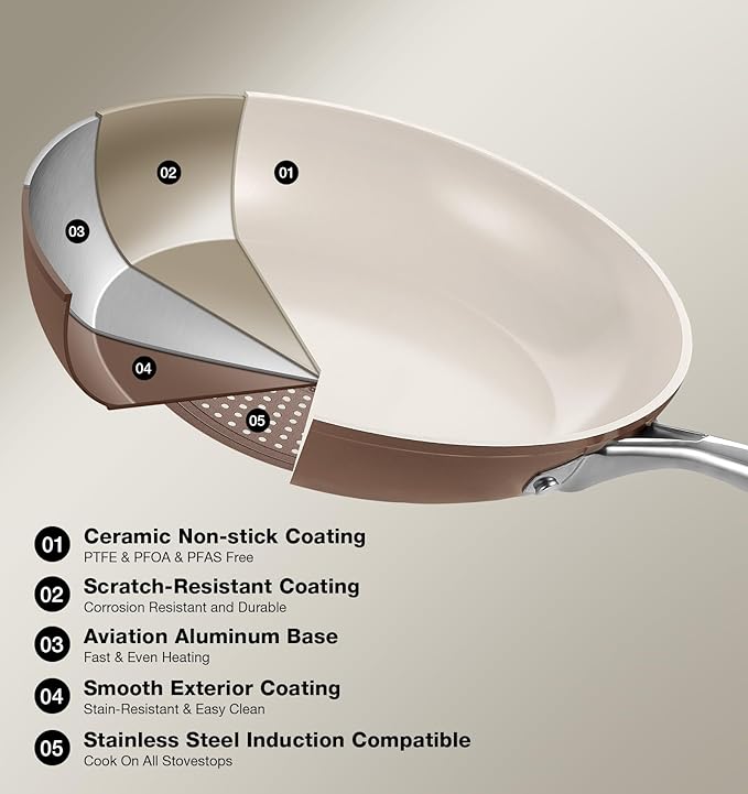KOCH SYSTEME CS 8 Inch Nonstick Frying Pan Skillet, Ceramic Non Stick Frying Pans, Non Toxic Pans for Cooking, Induction Compatible Egg Pan, Free of PFOA & PTFE, Dishwasher & Oven Safe, Brown
