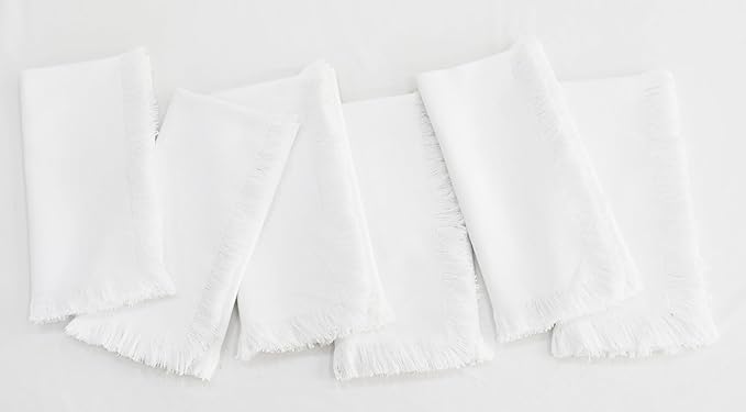 PurpleEssences Cloth Napkins with Fringes, 100% Cotton Christmas Holiday Winter Table Decor, Set of 6 18x18 Inch Reusable Dinner Napkins for Parties and Weddings - White