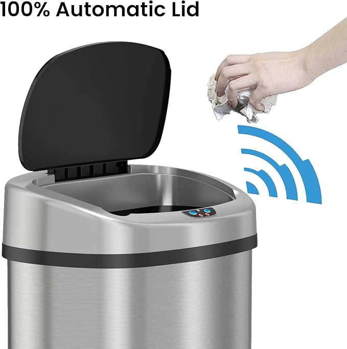 SensorCan 13 Gallon Touchless Sensor Odor Control System, Stainless Steel Oval Shape Automatic Garbage Bin, Base Model Trash Can