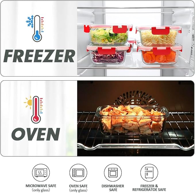 VERONES 12 Packs Glass Food Storage Containers Set, Airtight Glass Lunch Containers, Glass Meal Prep Containers with Lids,Exclusive of BPA, for Microwave, Oven, Freezer & Dishwasher Friendly,Red