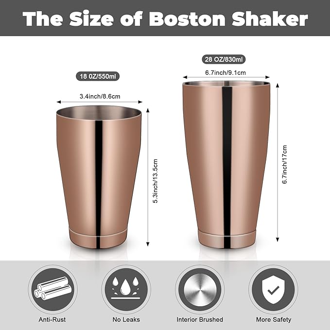 Lallisa 10 Pieces Cocktail Shakers Professional Bar Boston Shaker Set Stainless Steel Martini Shaker Drink Mixer Basic Tools Weighted Shake Metal Can for Bartenders, 18 Oz, 28 oz(Copper)