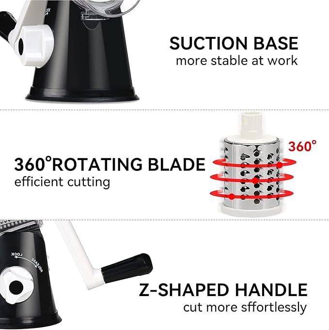 Rotary Cheese Grater Vegetable Shredder with Handle Round Kitchen Mandoline Slicer Grater for Nuts, Vegetable, Chocolate, Chesse - Black - 3 Replaceabe Stainless Steel Blades