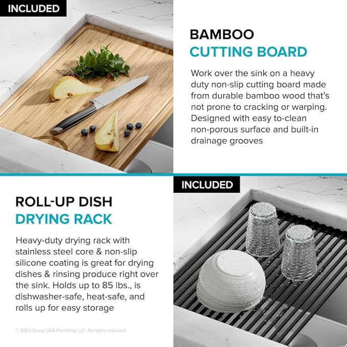 KRAUS Kore 36-Inch Farmhouse Workstation 16 Gauge Single Bowl Stainless Steel Kitchen Sink with Accessories, KWF210-36