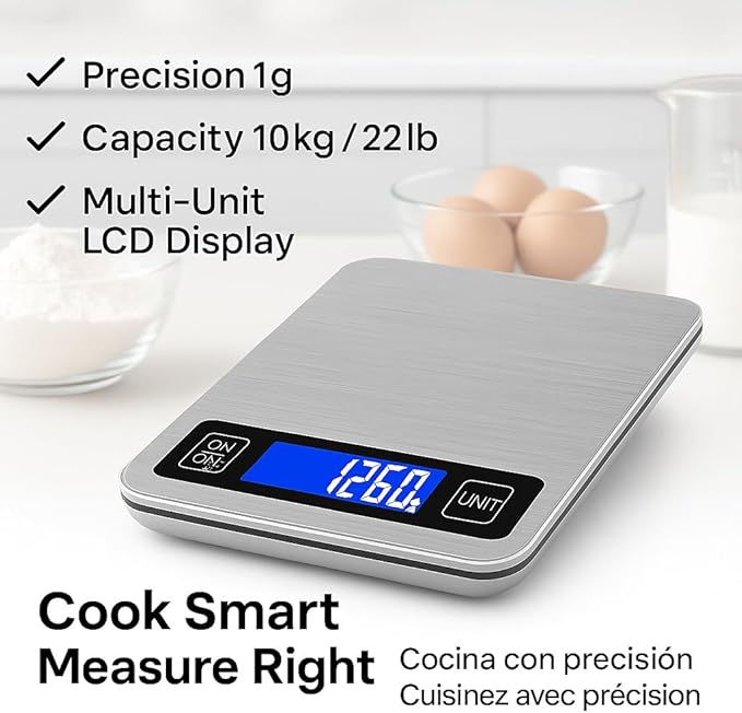 Digital Kitchen Scale – 1g Precision, 10kg Capacity, Stainless Steel Food Scale with LCD Display, Tare Function, Battery Powered for Cooking & Baking