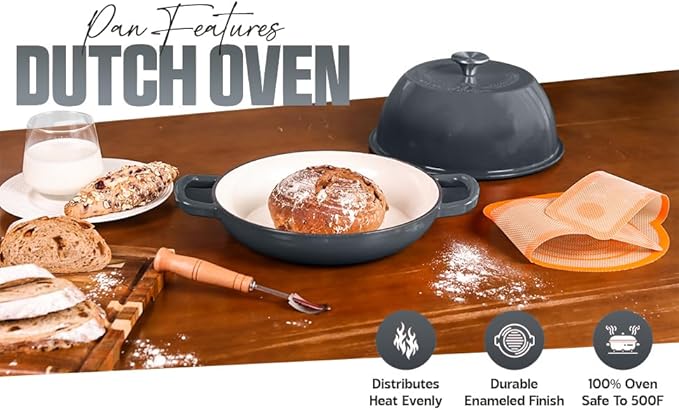 Enameled Cast Iron Dutch Oven Pot with Lid - Dutch Oven for Sourdough Bread Baking - With 5 Blade Bread Lame & Non-Stick Silicone Sling perfect for Sourdough Breads & more. Cast Iton Enamel Braiser Pan with Lid (GREY, 6 Quart Sourdough Pot)