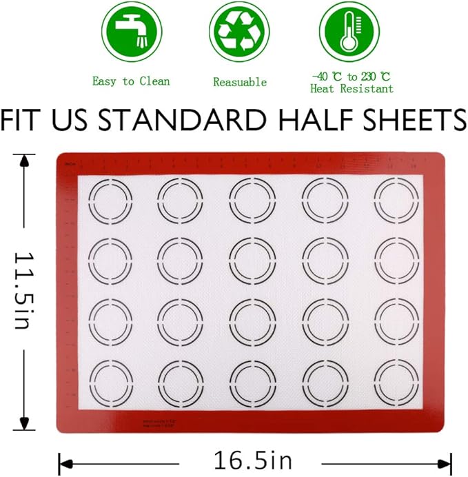 LotFancy Silicone Baking Mat, 2 Pack Non Stick Macaron Baking Liner for Cookies, Rolling Dough, Bread and Pastry, Reusable Baking Sheet,16.5"x11.5"