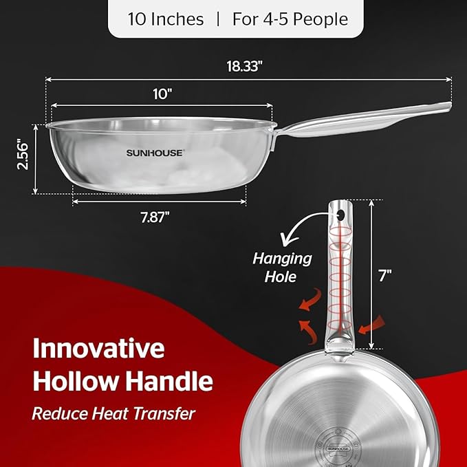 Sunhouse 10 Inch Tri-Ply Stainless Steel Frying Pan, Whole-Clad No Coatings Skillet with Stay-cool Handle for Cooking, Durable & Oven Safe to 500°F, Dishwasher Safe, Compatible with All Cooktops