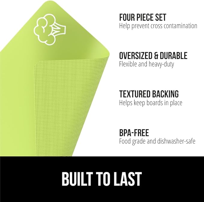 GORILLA GRIP 100% BPA-Free Flexible Cutting Board Set of 4, Durable Plastic Mats with Food Icons for Meal Prepping, Large Kitchen Chopping Mat, Use for Meat Fish Vegetables Fruit, 15x12, Multicolor