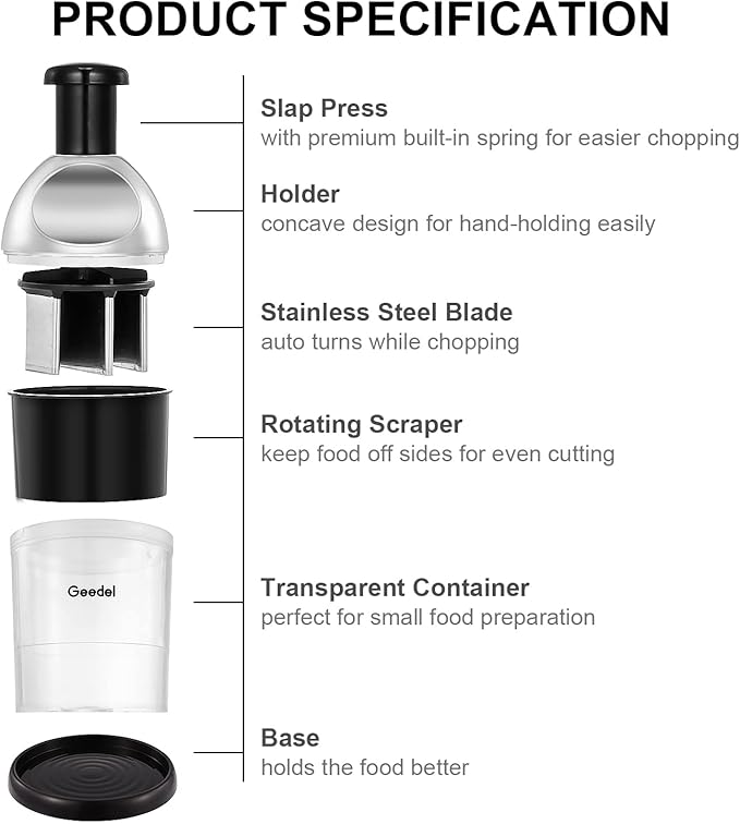 Geedel Food Chopper, Easy to Clean Manual Hand Vegetable Chopper Dicer, Dishwasher Safe Slap Onion Chopper for Veggies Onions Garlic Nuts Salads