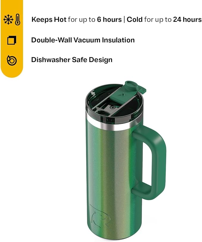 RTIC 20oz Road Trip Travel Mug with Lid and Handle, Ceramic Lined, Insulated, Stainless Steel, Metal, Double Wall Vacuum-Insulation, Portable Coffee, Tea Cup for Hot and Cold Drink, Pine Tree Glitter