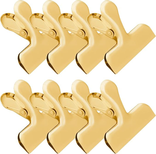 Funfery 8 Pack 3 Inch Stainless Steel Gold Chip Clips Bag Clips Large Clip for Food Packages,Strong Kitchen Food Clip for Snack,Chips,Home&Office Paper Heavy Duty