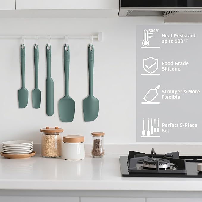 Coukre Silicone Spatula Set of 5,High Heat Resistant, Food Grade Silicone, Upgraded Extended Reinforced Handle,Dishwasher Safe, for Baking, Cooking (Pure Dark Green, Solid color)