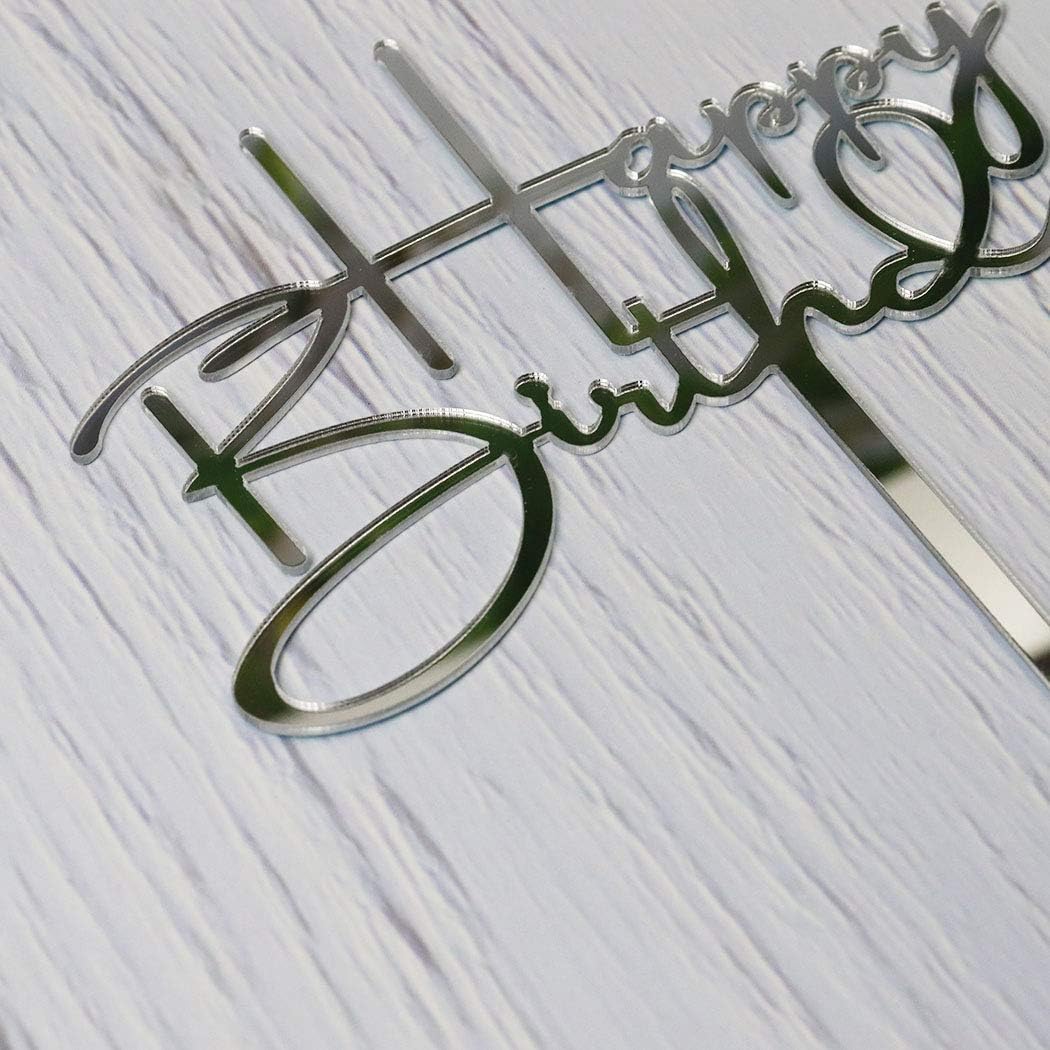 Happy Birthday Cake Topper for Birthday Party Decorations, Mirror Silver Acrylic