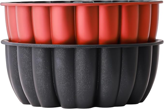 Heart Shape Aluminum Cake Pan, Titanium Coating, Non-Stick, 12 Cups, Gifts for Mom, 10 Inch Baking Mold, Cast Aluminum Fluted Tube Pan, Easy to Clean (2-Pack, Black-Red)