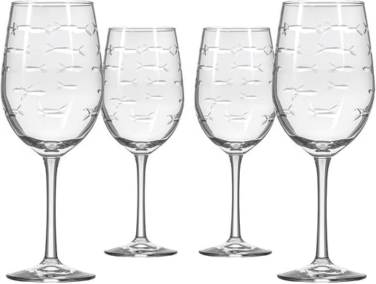 Rolf Glass School of Fish White Wine Glass | 12 ounce Stemmed Set of 4 | Lead-Free Glass | Diamond Wheel Engraved in America