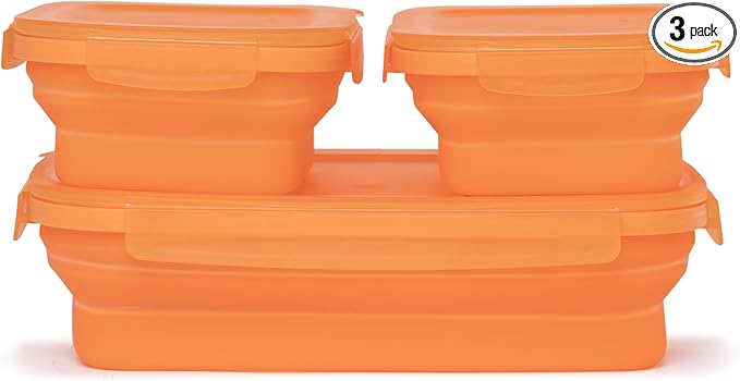 Drip EZ Secondz Collapsible Food Storage Containers (set of 3) - Meal Prep, Leftovers, Lunch, Camping, Hiking - Dishwasher & Microwave Safe - BPA-free Silicone - Locking Lids - Orange