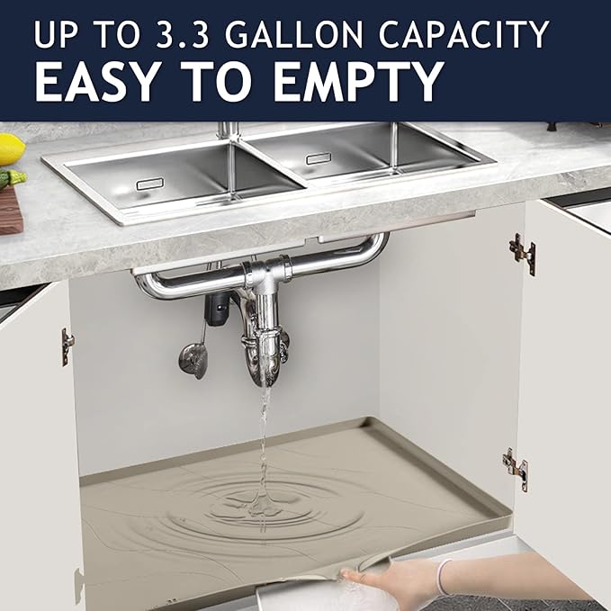 Heavy Duty Silicone Under Sink Mats for Kitchen Waterproof 31" x 19", Extra Thick Under Sink Rubber Mat Drip Tray, Raised Edge Under Sink Liner,Prevent Drips, Leaks, Spills,Brown