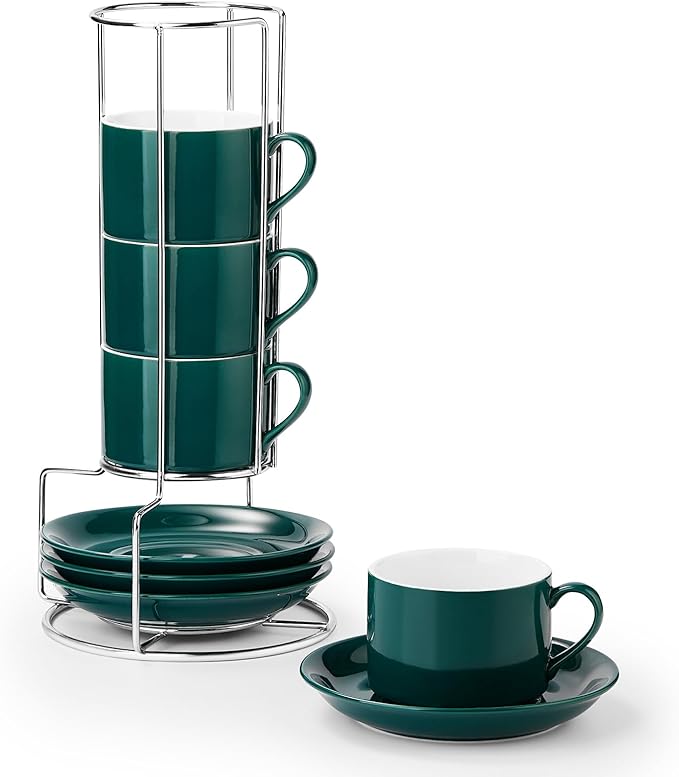 8 Ounce Green Porcelain Stackable Cappuccino Cups with Stainless Steel Holder, Set of 4, Durable Ceramic, Perfect for Home, Office or Gift