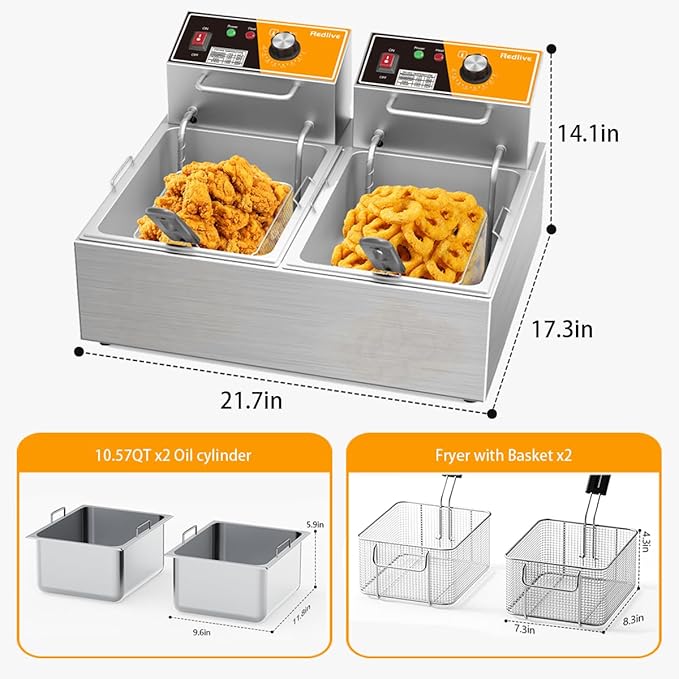 Electric Deep Fryer 20L/21QT Stainless Steel Large Capacity Commercial Fryer with Basket, 3400W 110V Countertop Deep Fryer for Home Kitchen and Restaurant Use withTemperature Control