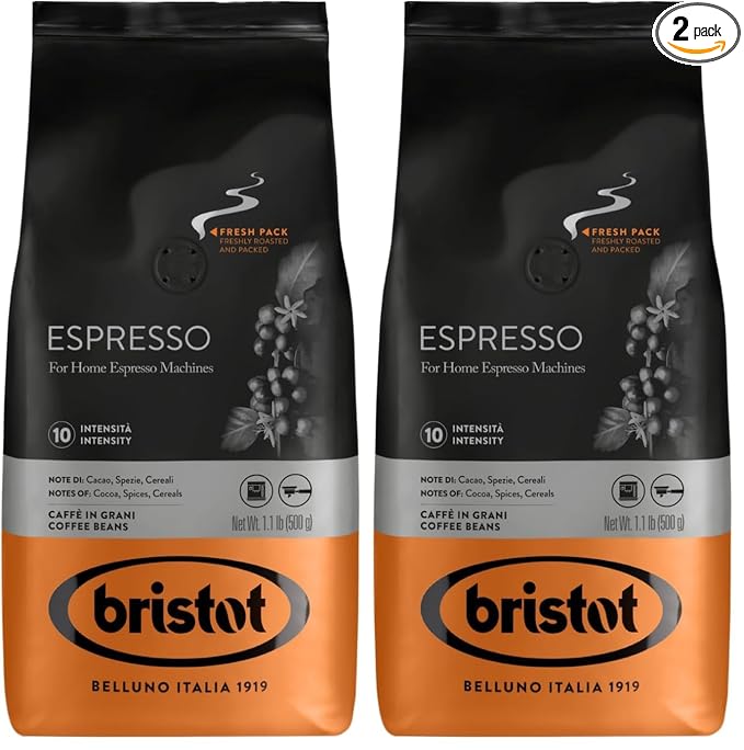 Bristot Italian Espresso For Espresso Machines | Italian Espresso Beans | Medium Roast | 1.1Lb/500g (Pack of 2)