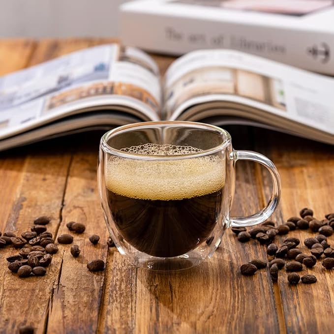 Double Wall Glass Espresso Cups 5oz/150ml, A set of 2, Thermo Insulated Borosilicate Glass Cups with Handle