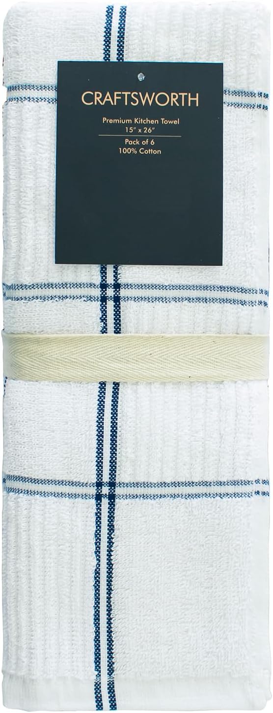 CRAFTSWORTH Kitchen Towels, 15 x 26 Inches, Pack of 6, 400 GSM, 100% Ring Spun Cotton, Navy Combo Windowpane Dish Towels Super Soft and Absorbent, Tea Towels and Bar Towels