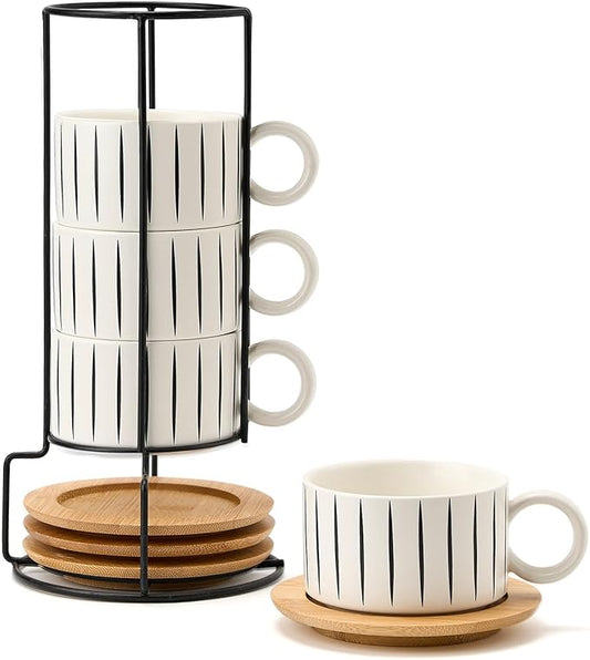 LUKA 6 Ounce Porcelain Stackable Espresso Cups with Saucers and Metal Stand Set of 4, Ceramic Cappuccino Cups Set for Specialty Coffee Drinks, Latte, Cafe Mocha and Tea, Stripes, White
