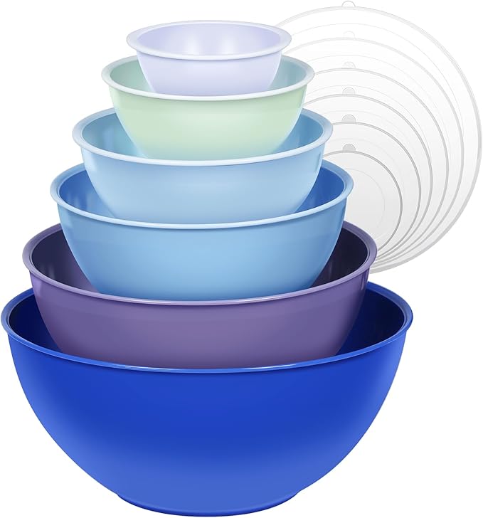 6-Piece Plastic Mixing Bowl Set with Lids for Kitchen, Nesting Storage Bowls for Baking, Prepping,Cooking and Serving Food, Dishwasher, Microwave Safe,Great for Mixing & Serving,Dark blue