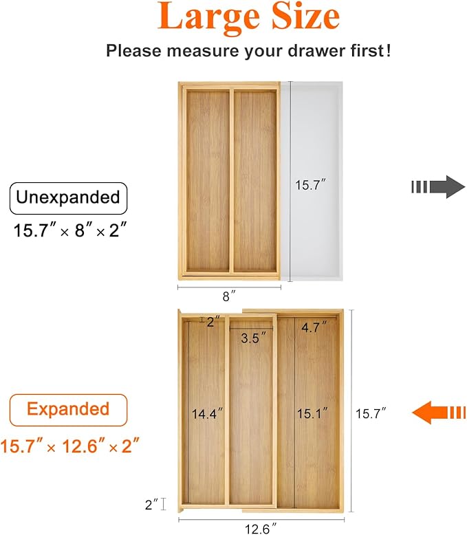 Large Bamboo Silverware Drawer Organizer Tray Kitchen Tool Drawer Divider Organizers Storage Expandable Cooking Utensil Organizer Wooden Cutlery Tray Spoon Flatware Organizers Utensil Holder Drawers
