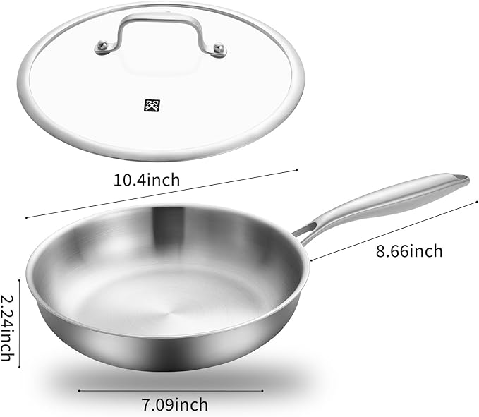 GOLDEN KEY 10 inch Tri-Ply Stainless Steel Pan,Stainless Steel Skillet with Lid,Frying Pan with Lid Compatible with All Cooktops Up to 600,Dishwasher Safe