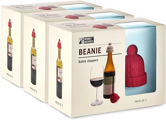 Monkey Business Beanie Wine Stopper, Pack of 3, Cute Wine Accessories, Fun Kitchen Gadgets, Wine Stoppers for Wine Bottles, Knit-Beanie-Shaped Wine Bottle Stopper w/a Pom-Pom