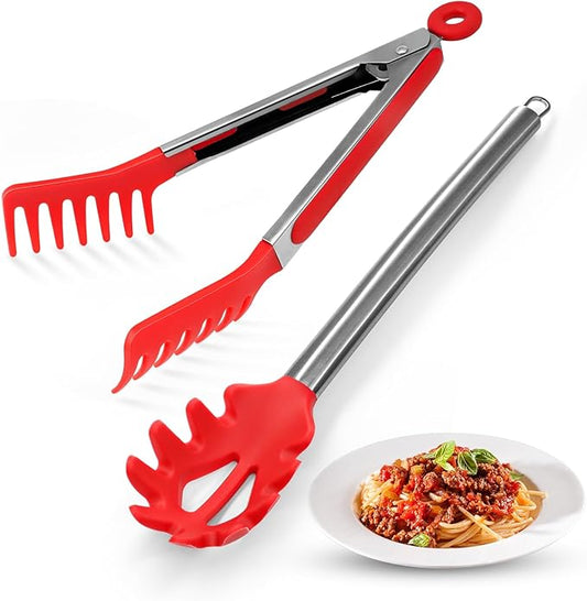 2 Pieces Spaghetti Spoon and Pasta Tong,Non-stick 13 Inch Silicone Spaghetti Fork and 9.8 Inch Stainless Steel Handle Spaghetti Tong Food Clip for Spaghetti Noodle (Red)