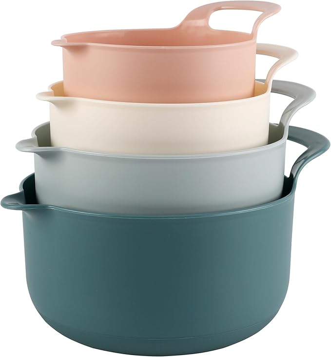 COOK WITH COLOR Nesting Plastic Mixing Bowl Set with Pour Spouts and Handles, Teal and Pink, 4 Piece Non-Slip