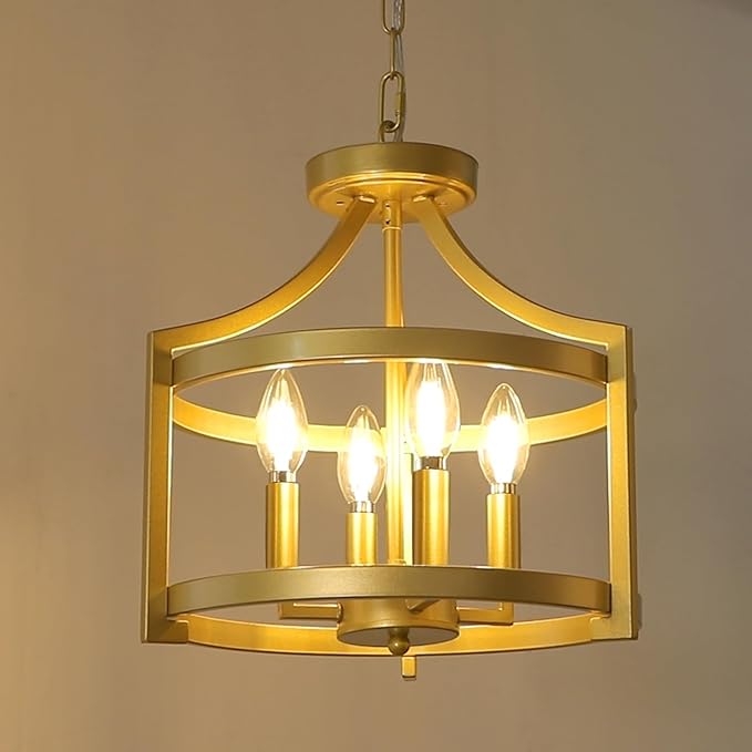 4-Light Chandelier, Gold Semi Flush Mount Ceiling Light Fixture Convertible Hanging Kitchen Pendant Lighting Over Island, Farmhouse Small Lantern Chandeliers for Dining Room Foyer Entryway