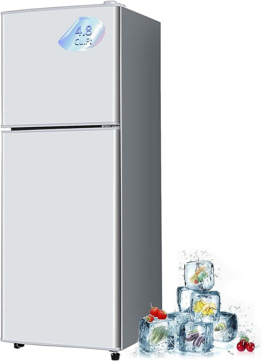 4.8 Cu. Ft. Mini Fridge with Freezer, Compact Refrigerator with Adjustable 7-Level Thermostat, Double-Door Fridge for RV, Kitchen, Office, Silver