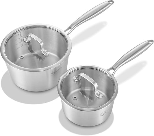 LOLYKITCH Whole Body Tri-Ply Stainless Steel Saucepan Set of 2,1QT & 3QT,Induction Pots,Saucepans with Lids,Oven and Dishwasher Safe.