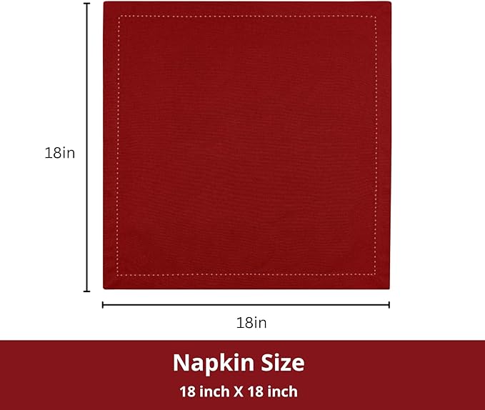 PurpleEssences Set of 12 Hemstitch Cloth Dinner Napkins 100% Cotton - Soft Durable Washable - Ideal for Wedding Fall Thanksgiving - Perfect Everyday Use Table Linen 18x18 - Red
