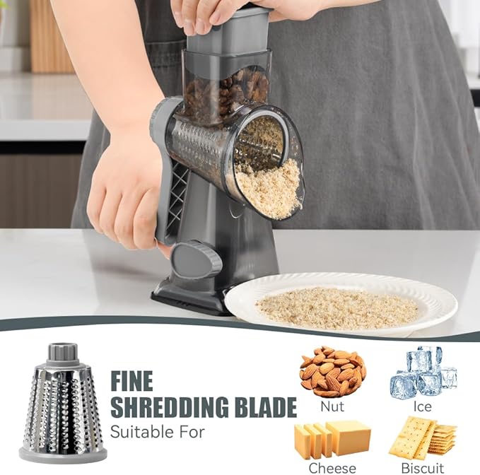 KEOUKE Rotary Cheese Grater Hand Crank Transparent - Shredder Slicer Grinder 3 Stainless Steel Blades, Stable Suction, Labor-Saving Handle, Safe Kitchen Tool for Cheese, Vegetable, Nuts, Chocolate