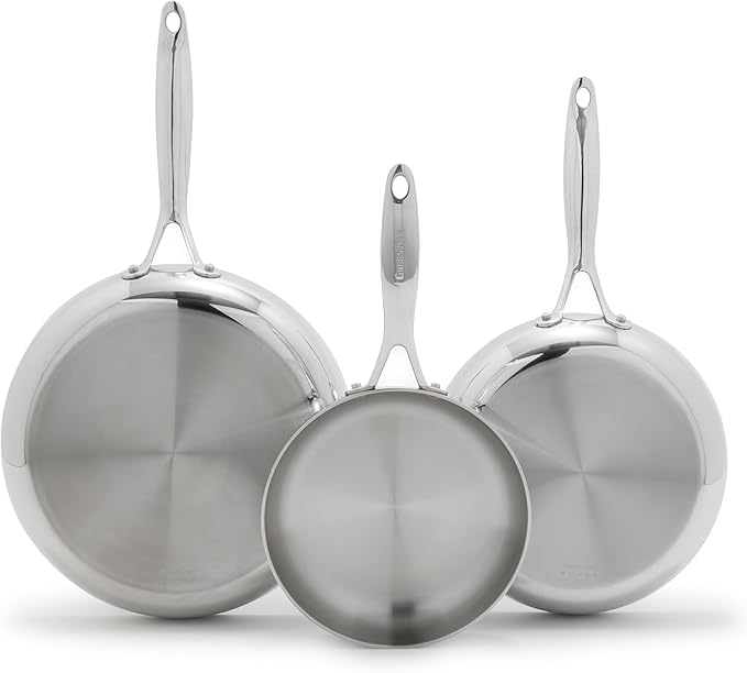 GreenPan Valencia Tri-Ply Stainless Steel 3 Piece Frying Pan Set (8", 9.5" & 11" Skillets), Induction Ready, Mirror Finish, Dishwasher & Oven/Broiler Safe to 600F, Compatible with All Cooktops, Silver