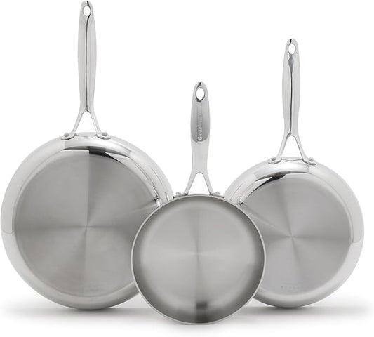 GreenPan Valencia Tri-Ply Stainless Steel 3 Piece Frying Pan Set (8", 9.5" & 11" Skillets), Induction Ready, Mirror Finish, Dishwasher & Oven/Broiler Safe to 600F, Compatible with All Cooktops, Silver