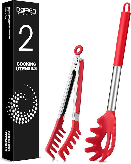 Spaghetti Spoon and Pasta Tong, Non-stick Silicone Spoon Server Fork with teeth and Stainless Steel Handle Spaghetti Tong, Food Clip for Spaghetti Noodle (RED)