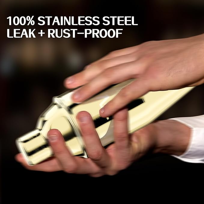 IOV Cocktail Shaker Bar Set, 24oz Martini Shaker with Built-in Strainer, Bar Tool Kit with Recipes Booklet, Professional Stainless Steel Large Bartender Drink Shaker Margarita Alcohol Mixer- Gold