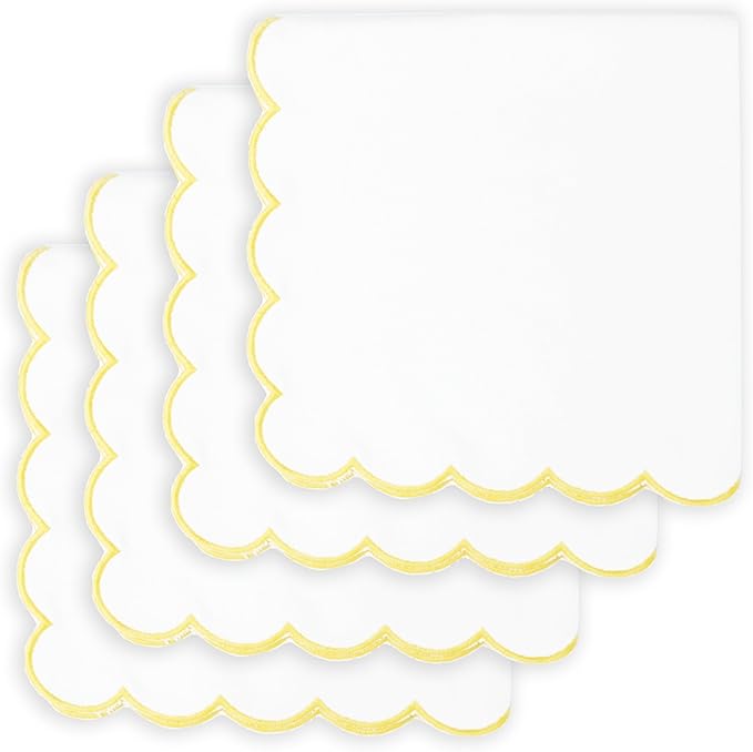 PurpleEssences Scalloped Embroidery Cloth Napkins Christmas Holiday Winter Table Decor 100% Cotton Set of 4-18 x 18 inch - White - Edges - Yellow